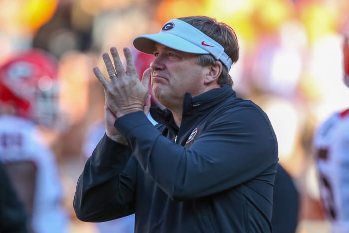 Nov 18, 2023; Knoxville, Tennessee, USA; Georgia Bulldogs head coach Kirby Smart reacts before a game against the Tennessee Volunteers at Neyland Stadium.